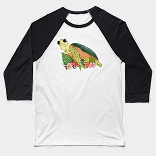 Cartoon turtle With Grass And Flowers, Tortoise Lovers Baseball T-Shirt